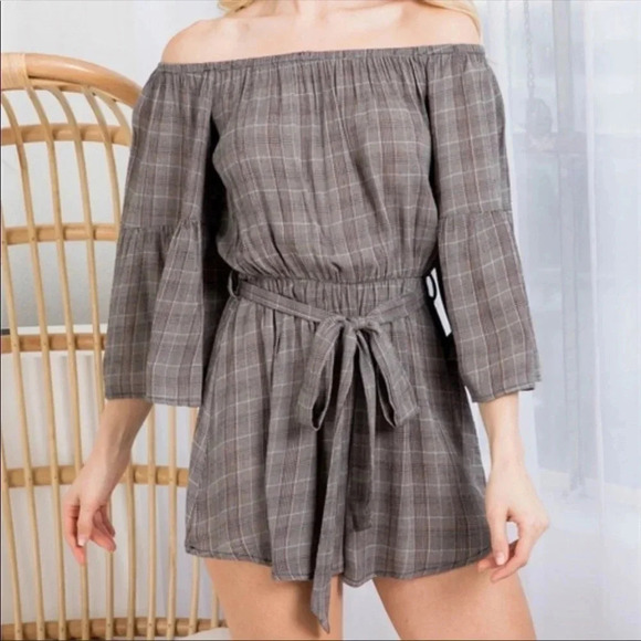 Boho Plaid Off Shoulder Romper | Bell Sleeve Cinched Waist Jumpsuit - Picture 9 of 11